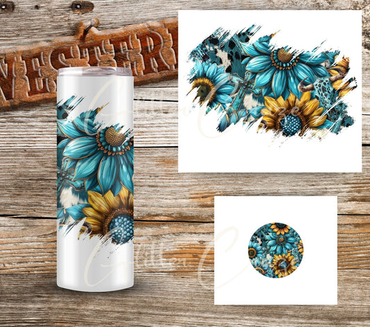 Turquoise and Sunflowers UV DTF- Patches and Tumbler butt decal- 5 options