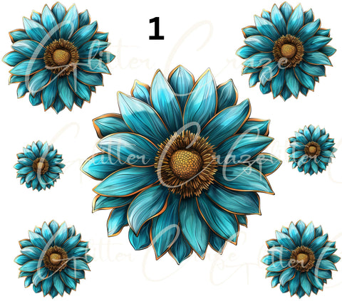 Turquoise and Sunflowers- Decal sheets- 7 design sheets