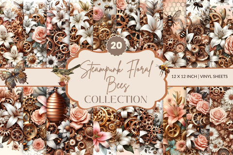 Steampunk Floral Bees Vinyl collection- 12x12 vinyl sheets-20 designs available