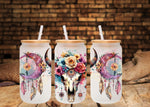 Bull skull and feathers UV DTF 16oz Libbey wrap