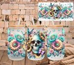 Teal Floral Skeleton UV DTF 16oz Libbey wrap