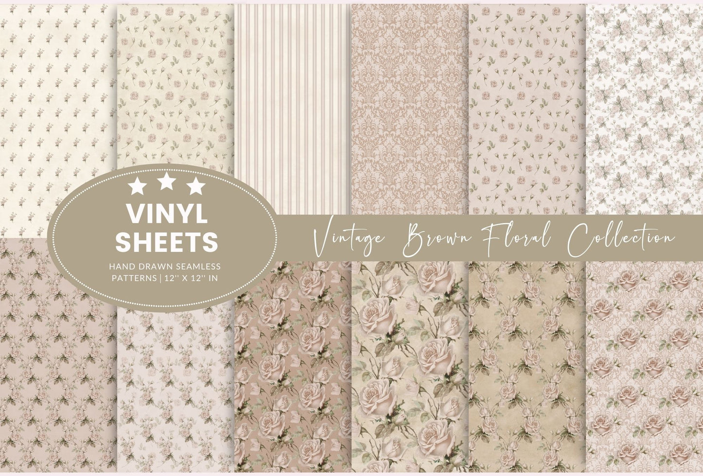 Vintage Brown Floral Collection 12x12 Vinyl sheets- 12 Designs available