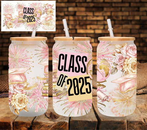 Class of 2025 Pink and Gold floral UV DTF Libbey wrap