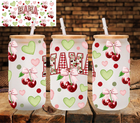 Pink Gingham Cherry and hearts UV DTF Libbey wrap