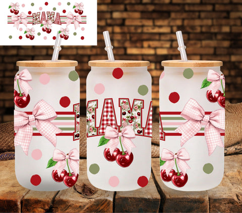 Pink Gingham Cherry and stripes UV DTF Libbey wrap