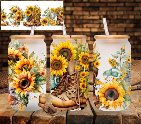 Sunflowers and Boots UV DTF Libbey wrap