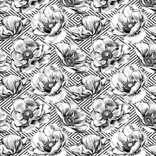 Black and White Striped Florals Adhesive Vinyl