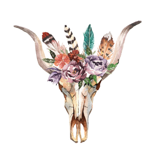 Bull Skull with Flowers and Feathers UV DTF Decal