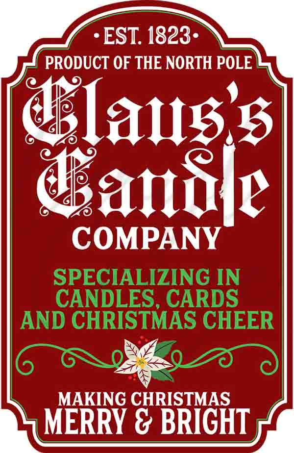 Claus's Candle Company in Red UV DTF Decal
