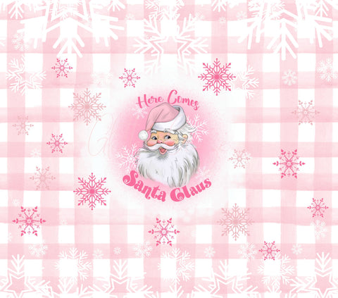 Pink Snowflakes Here comes Santa Clause 20 or 30 oz Skinny Adhesive Vinyl Wrap