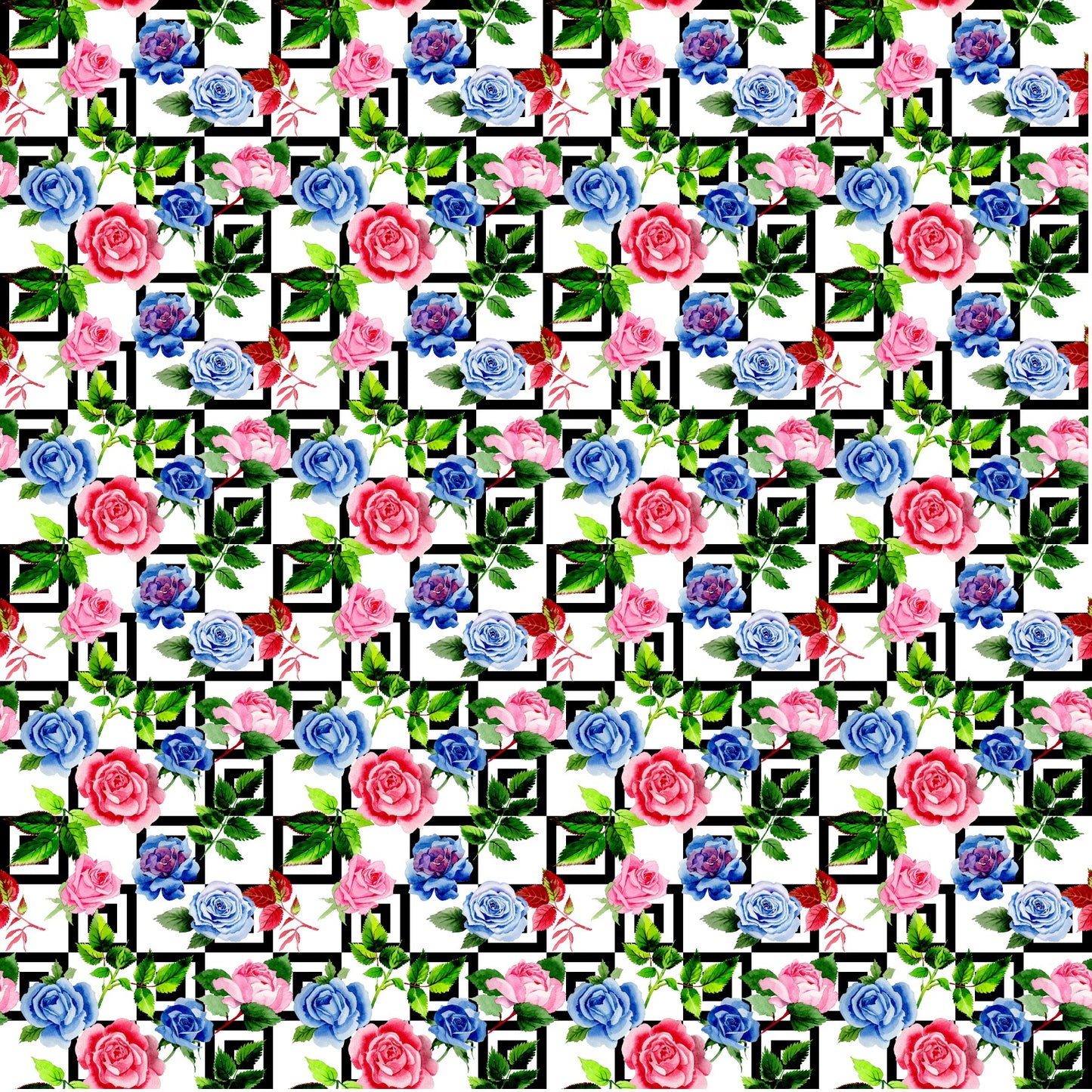 Pink And Blue Roses On A Geometric Background - Adhesive Vinyl