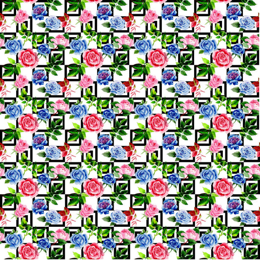 Pink And Blue Roses On A Geometric Background - Adhesive Vinyl
