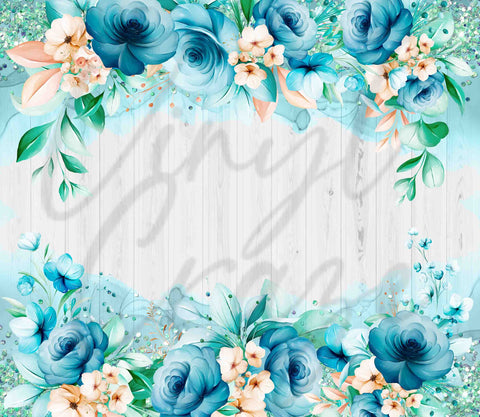 Teal and Blue Roses on Wood Background 20 or 30 oz Skinny Adhesive Vinyl Wrap