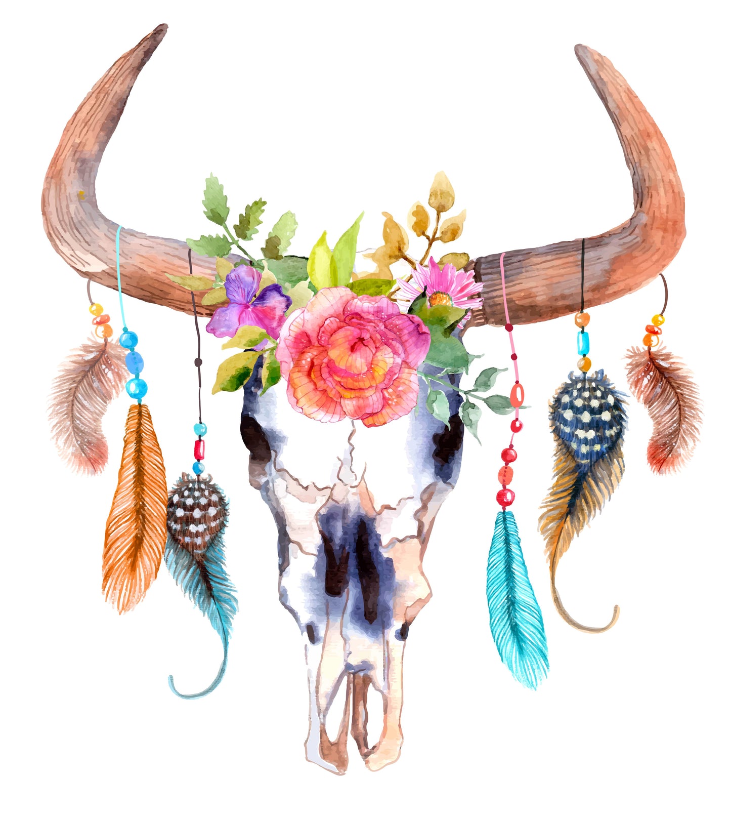 Bull Skull Feathers And Flowers UV DTF Decal